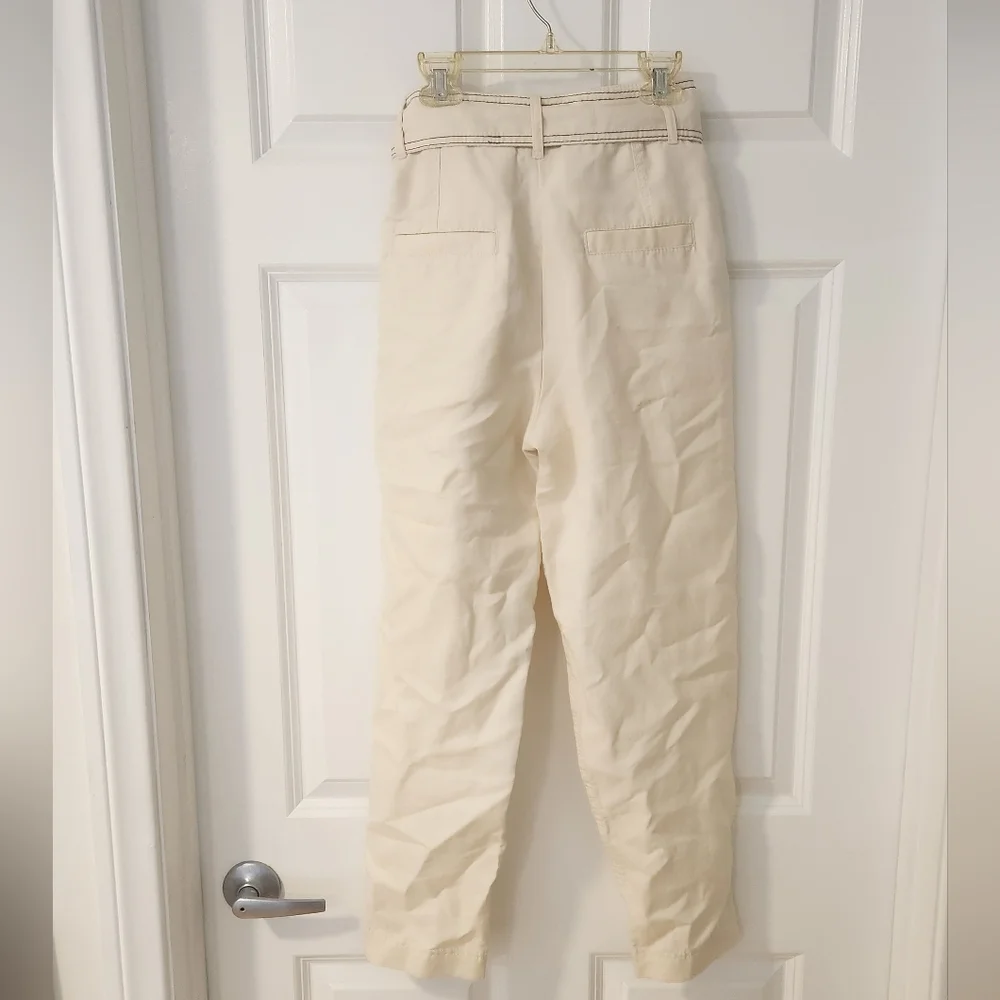 Mango Suit High-Waisted Cream Linen Blend Tie-Belt Pants with Contrast Stitching